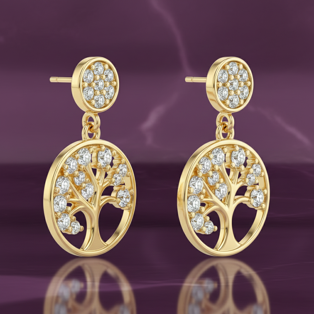 Boucles d’oreilles Arbre de Vie – Plaqué Or  & Zirconium – Élégance Symbolique