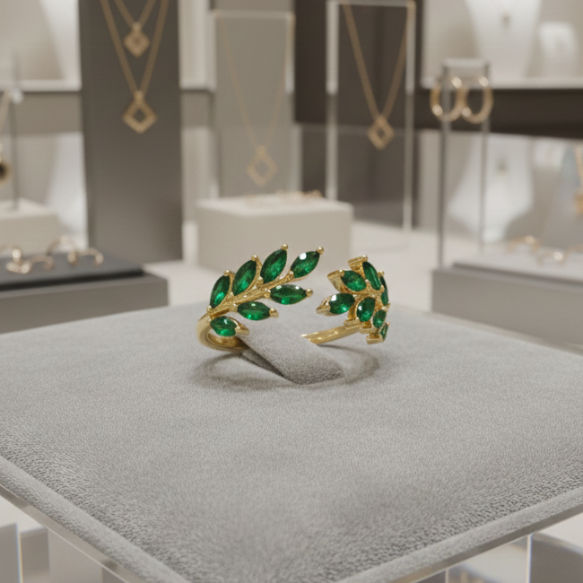 Bague feuille en plaqué or – Zirconiums verts scintillants