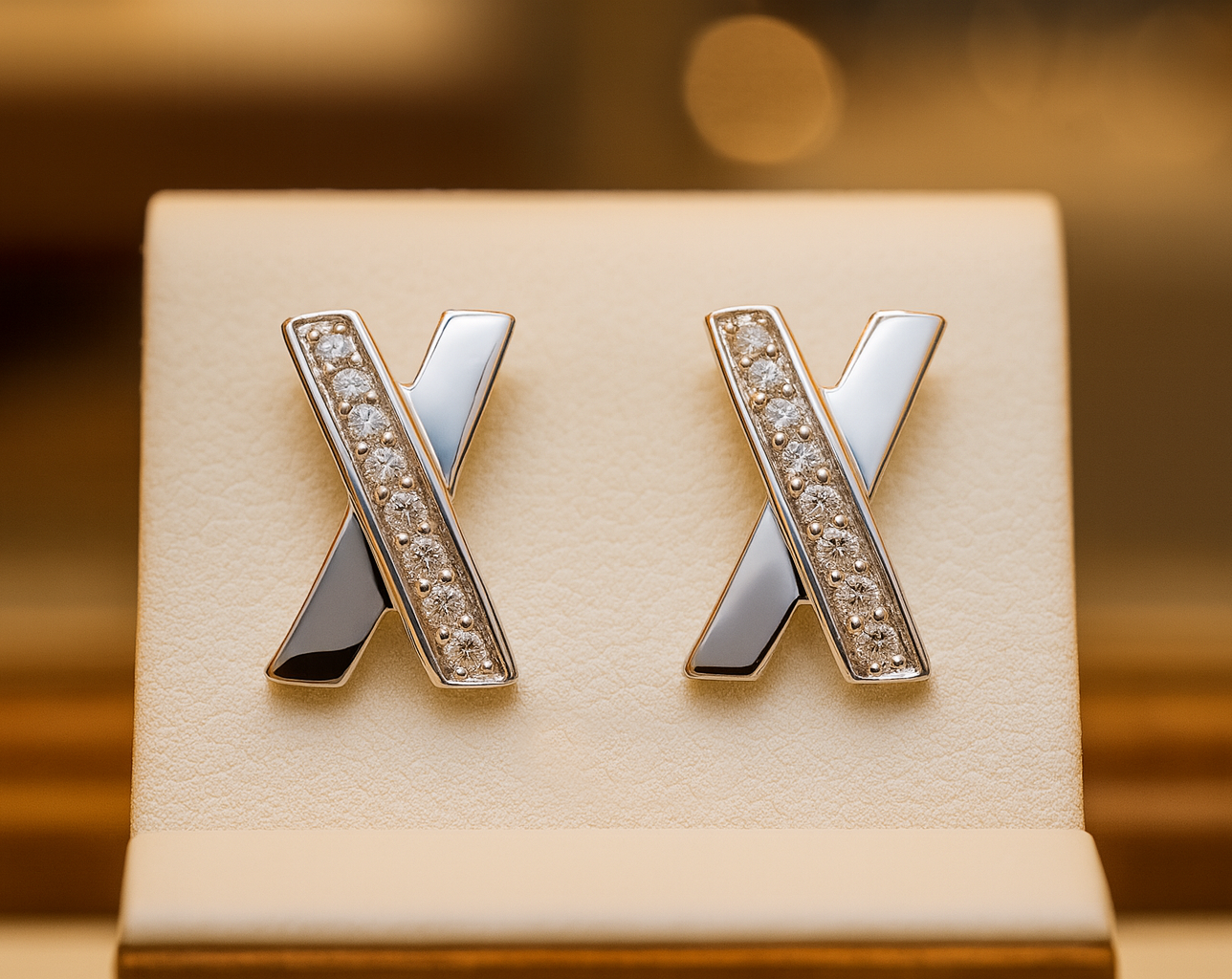 Boucles d’Oreilles Croix Stylisée en Argent Rhodié & Zirconium Blanc – Élégance Moderne