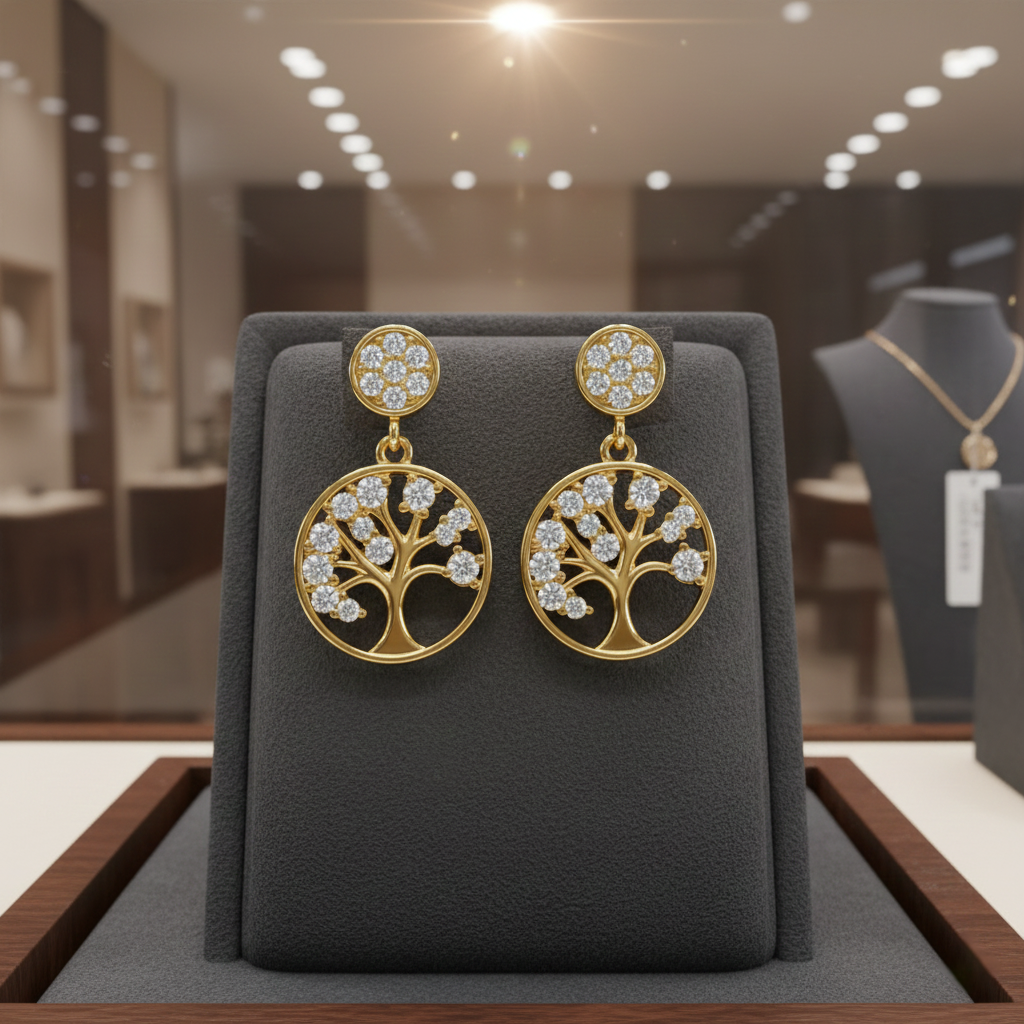 Boucles d’oreilles Arbre de Vie – Plaqué Or  & Zirconium – Élégance Symbolique