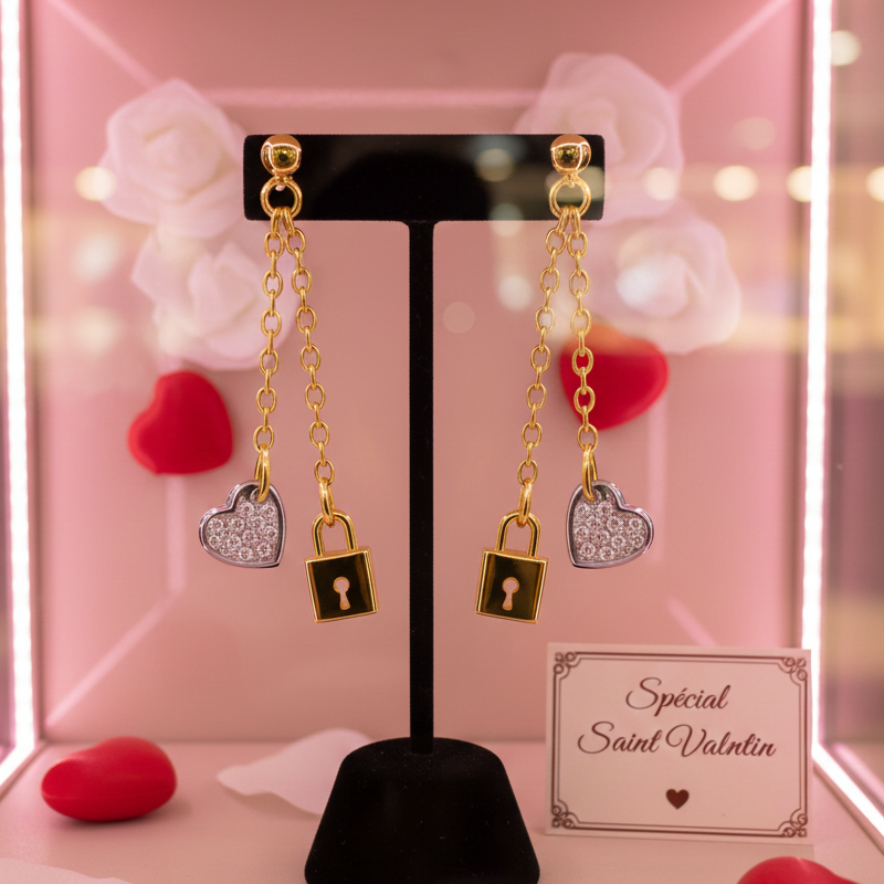 Boucles d’oreilles pendantes Cadenas & Cœur – Plaqué Or 18 Carats