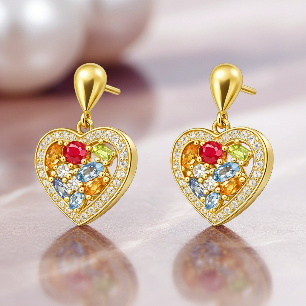 Boucles d’oreilles Cœur Multicolore – Plaqué Or & Zirconium