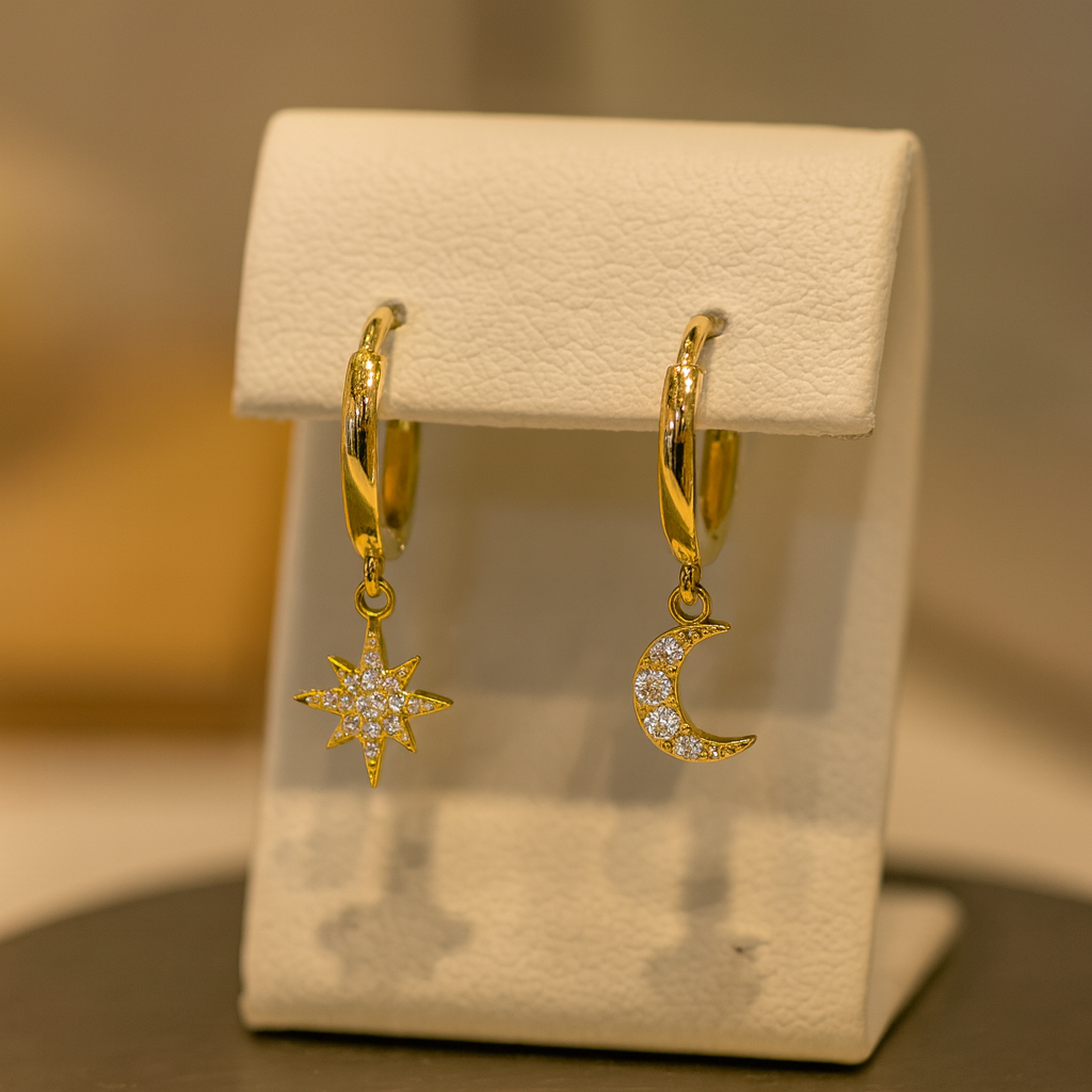 Boucles d’oreilles Soleil & Lune – Plaqué Or & Zirconium | Créoles Asymétriques