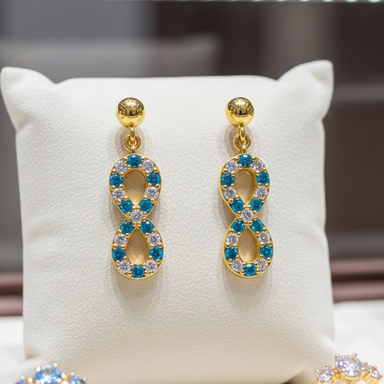 Boucles d’oreilles Infinity – Plaqué Or & Zirconium Bleu et Blanc