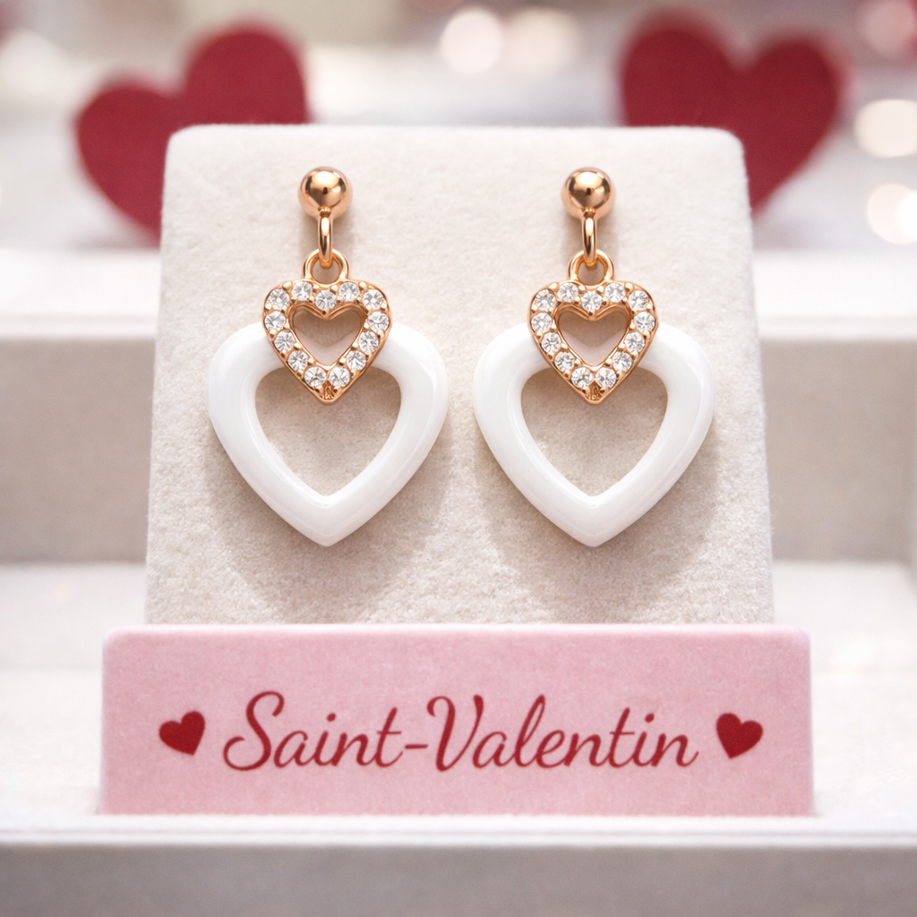 Boucles d’oreilles Cœur Céramique & Zirconium – Plaqué Or Rosé