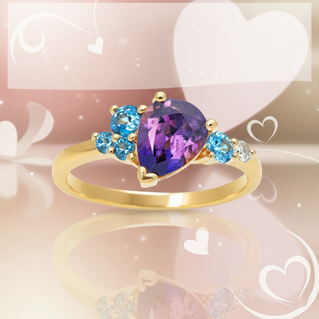 Bague plaqué or  – Zirconiums violet, bleu & blanc