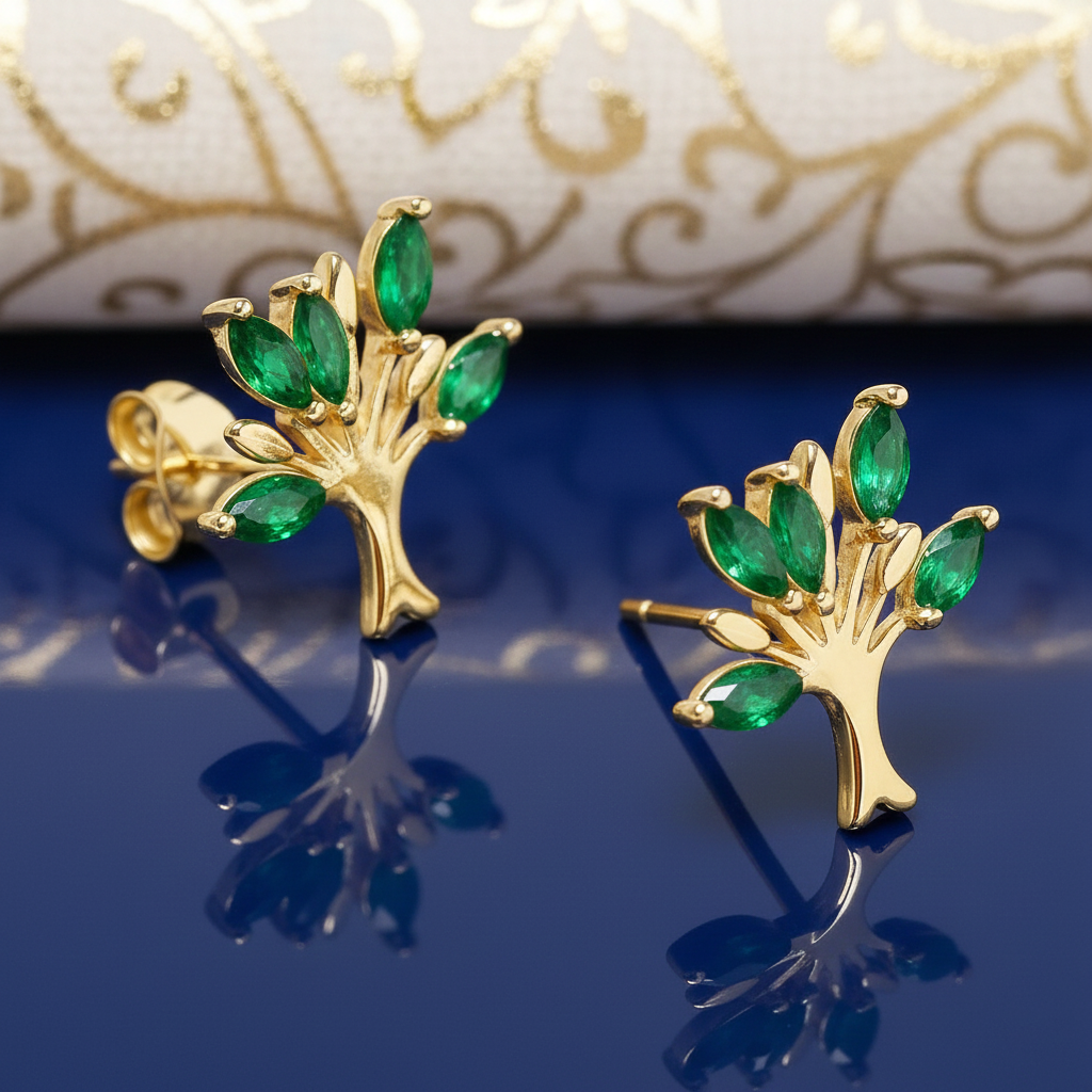 Boucles d’Oreilles Arbre de Vie – Plaqué Or & Pierres Zirconium Vert – Bijou Féminin Élégant