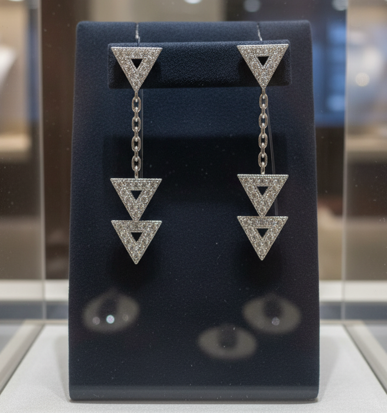 Boucles d’oreilles pendantes triangles en argent rhodié & zirconium blanc – Élégance géométrique
