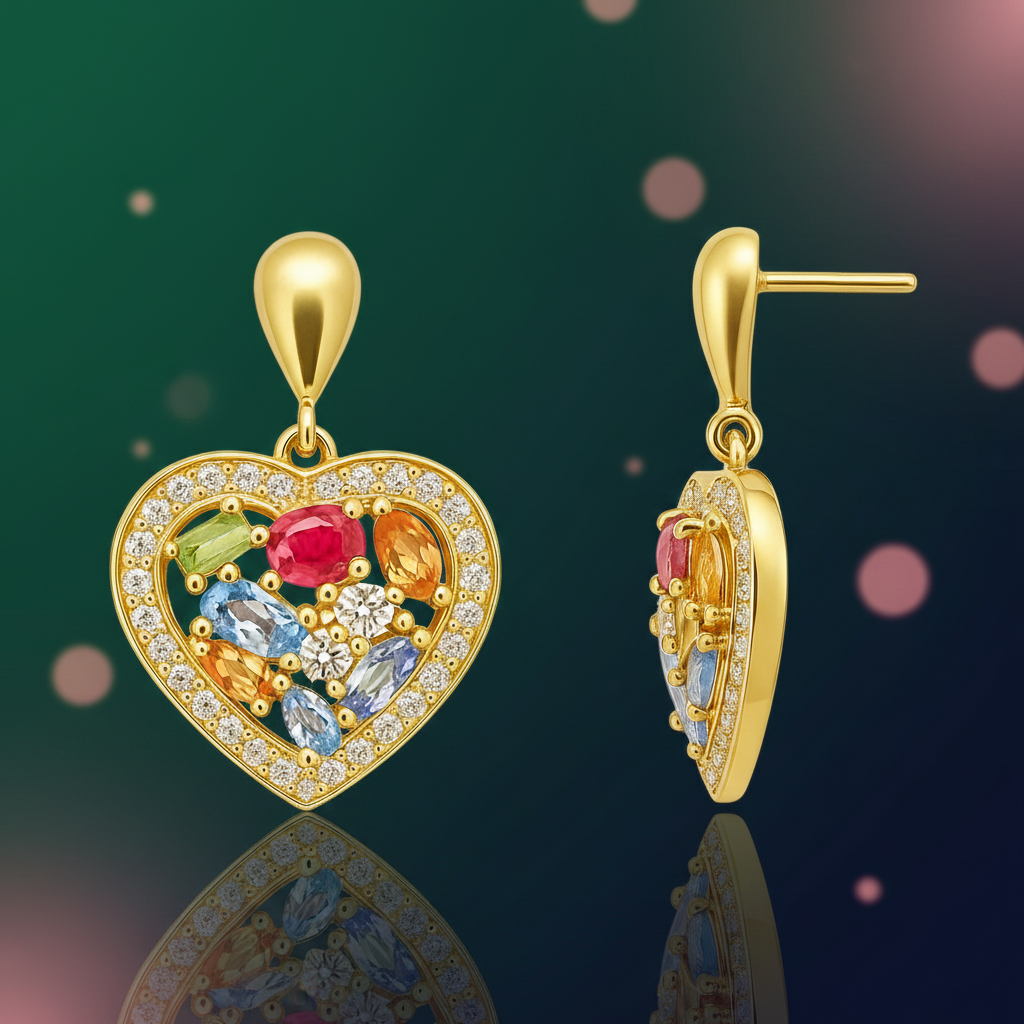 Boucles d’oreilles Cœur Multicolore – Plaqué Or & Zirconium