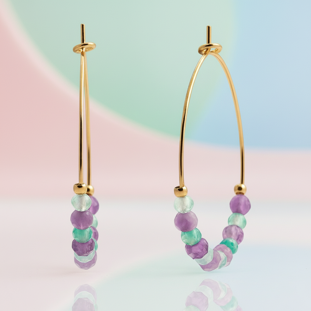 Boucles d’oreilles créoles 3 cm en plaqué or – Améthyste & Calcédoine