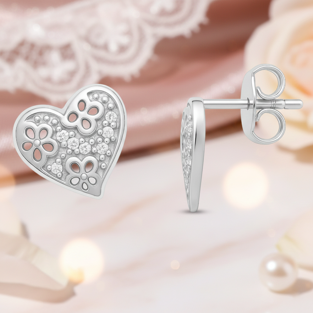 Boucles d’oreilles cœur en argent 925 rhodié et zirconiums