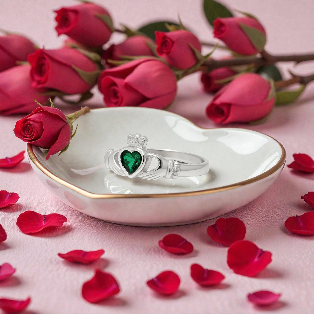 Bague Claddagh en Argent 925 Rhodié & Zirconium Vert