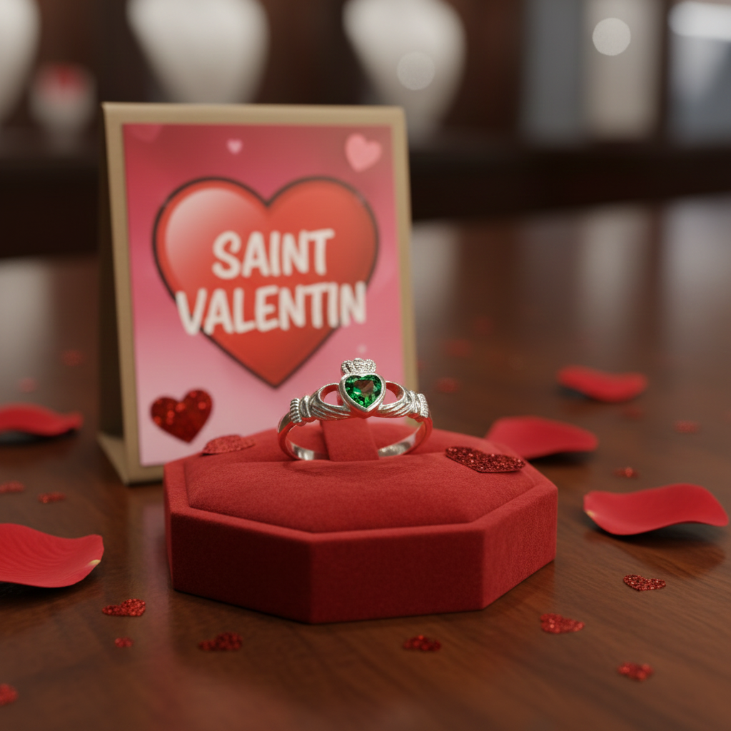 Bague Claddagh en Argent 925 Rhodié & Zirconium Vert