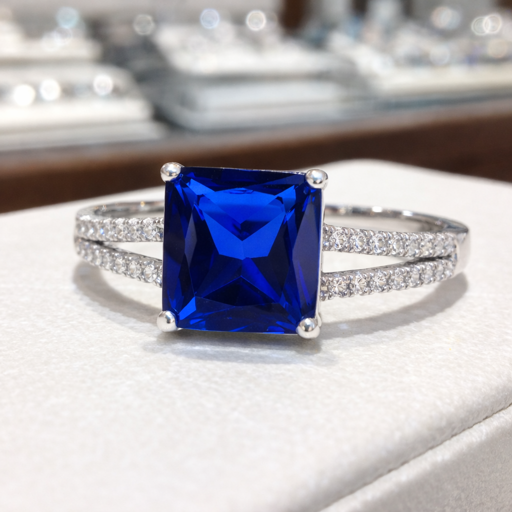 Bague Carrée Élégance – Argent 925 Rhodié & Zirconium Bleu